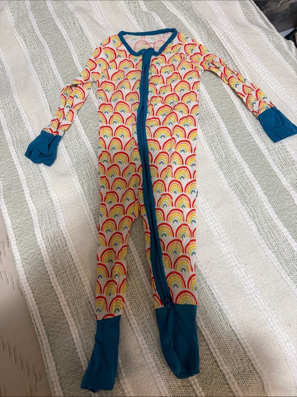 Little Sleepies Rainbow-Print Footed One-Piece with Teal Trim